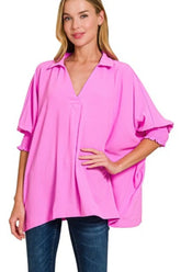 Airflow Collar Tee with Smocked Sleeve Band Top ZENANA BRIGHT MAUVE L